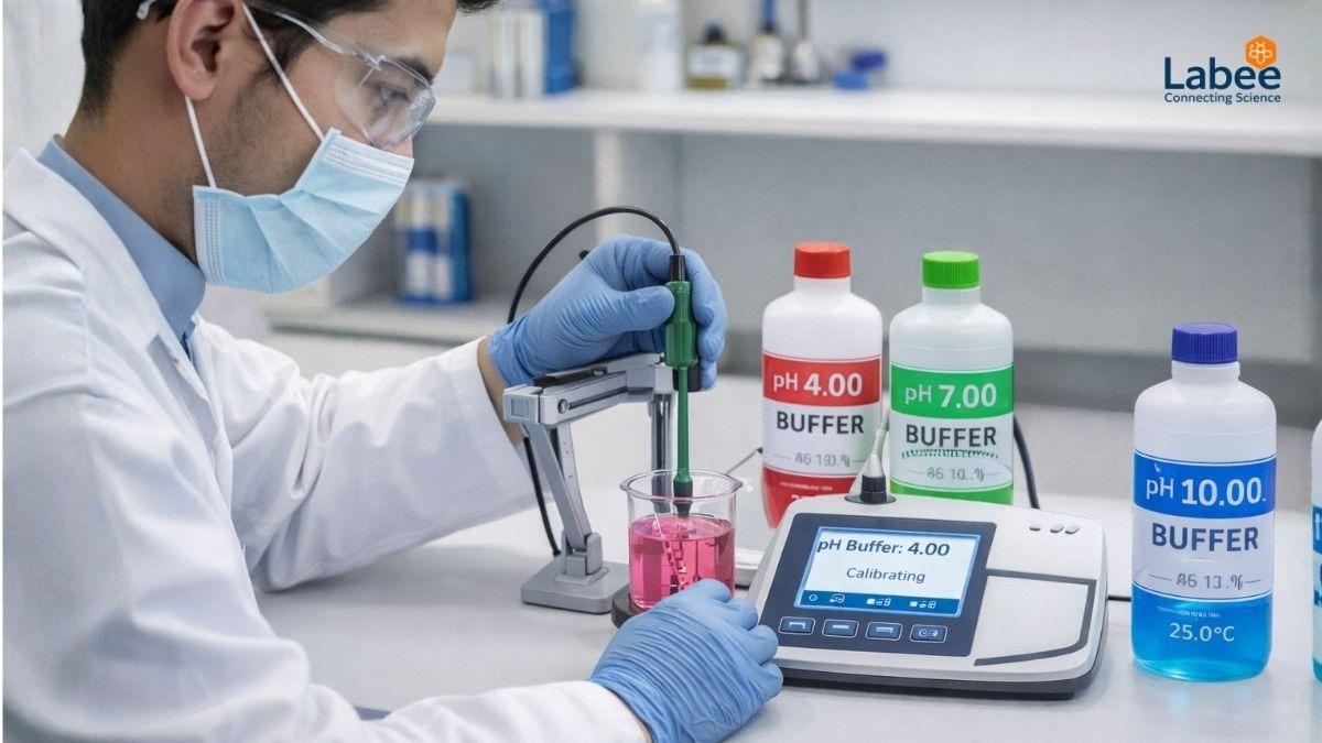 Kỹ thuật viên phòng Lab đang tiến hành hiệu chuẩn máy đo pH với 3 bình dung dịch chuẩn có màu sắc khác nhau (pH 4.00, 7.00, 10.00).