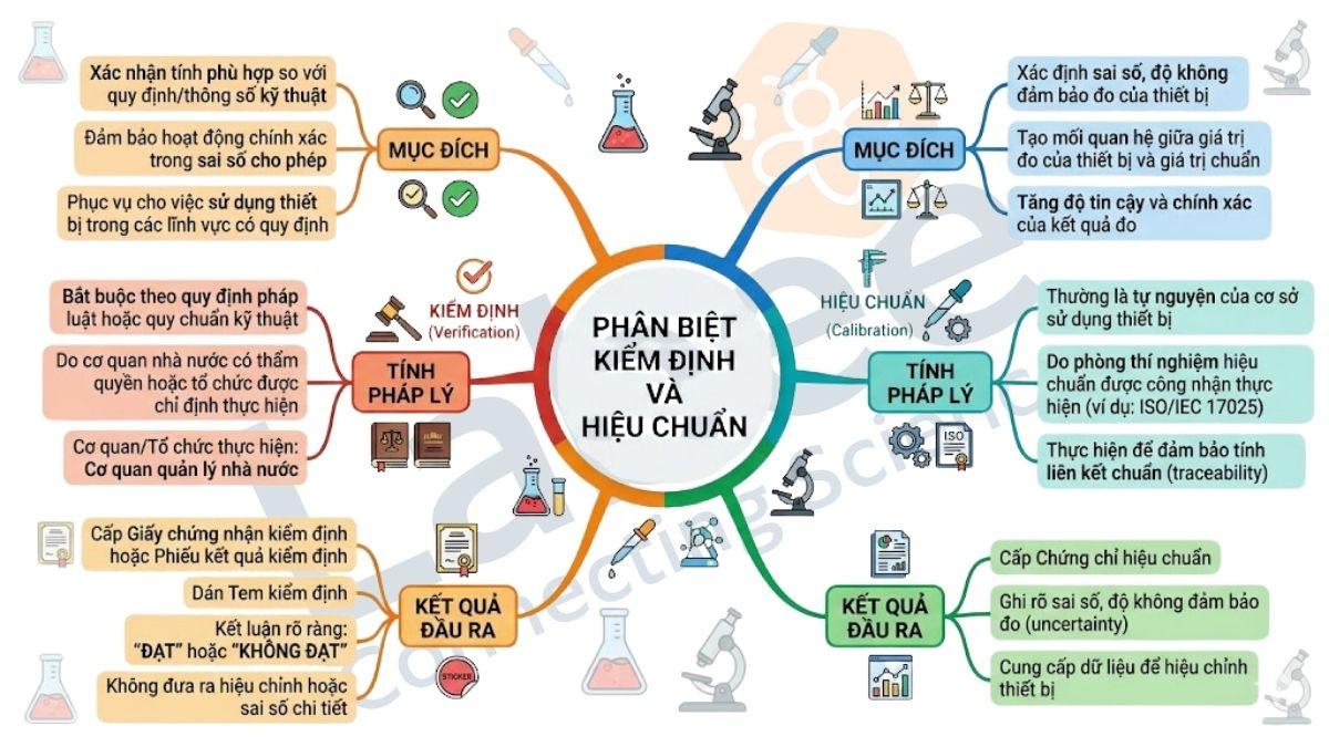 Sơ đồ phân biệt kiểm định và hiệu chuẩn thiết bị phòng thí nghiệm.