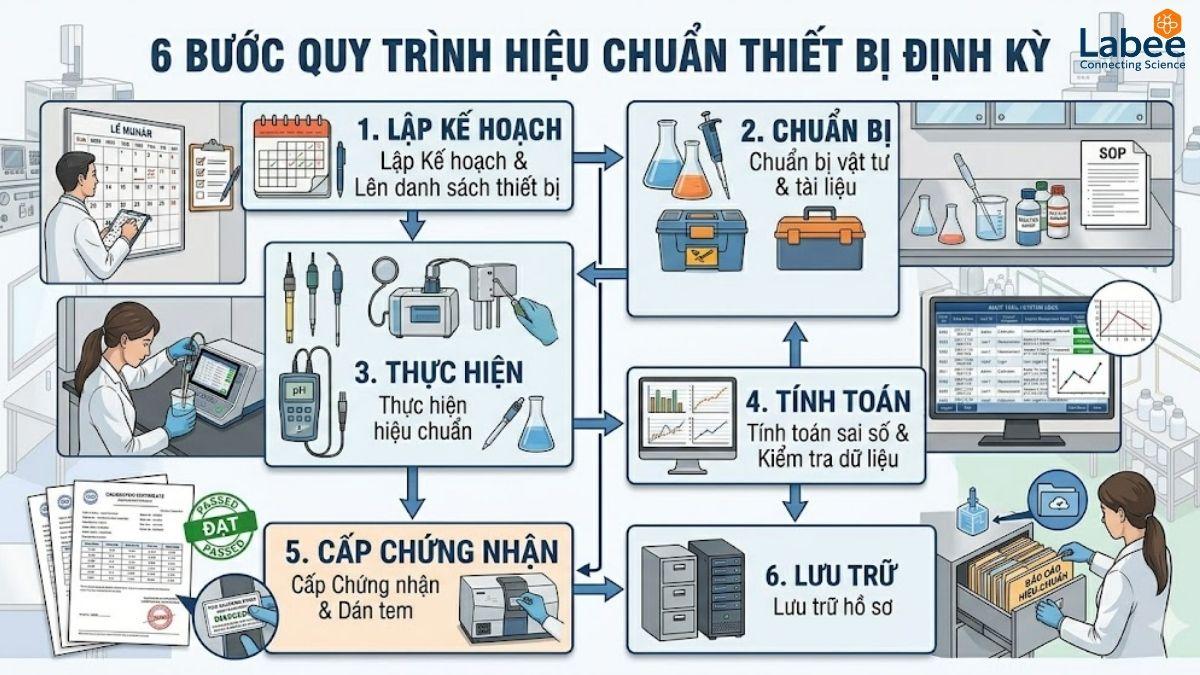 6 bước tiêu chuẩn trong quy trình hiệu chuẩn thiết bị định kỳ.
