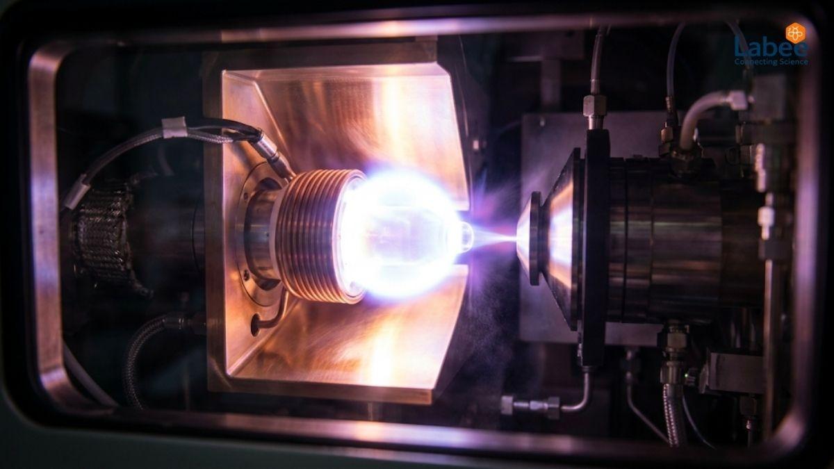 Hệ thống ICP-MS đang đánh lửa plasma rực sáng bên trong buồng phân tích