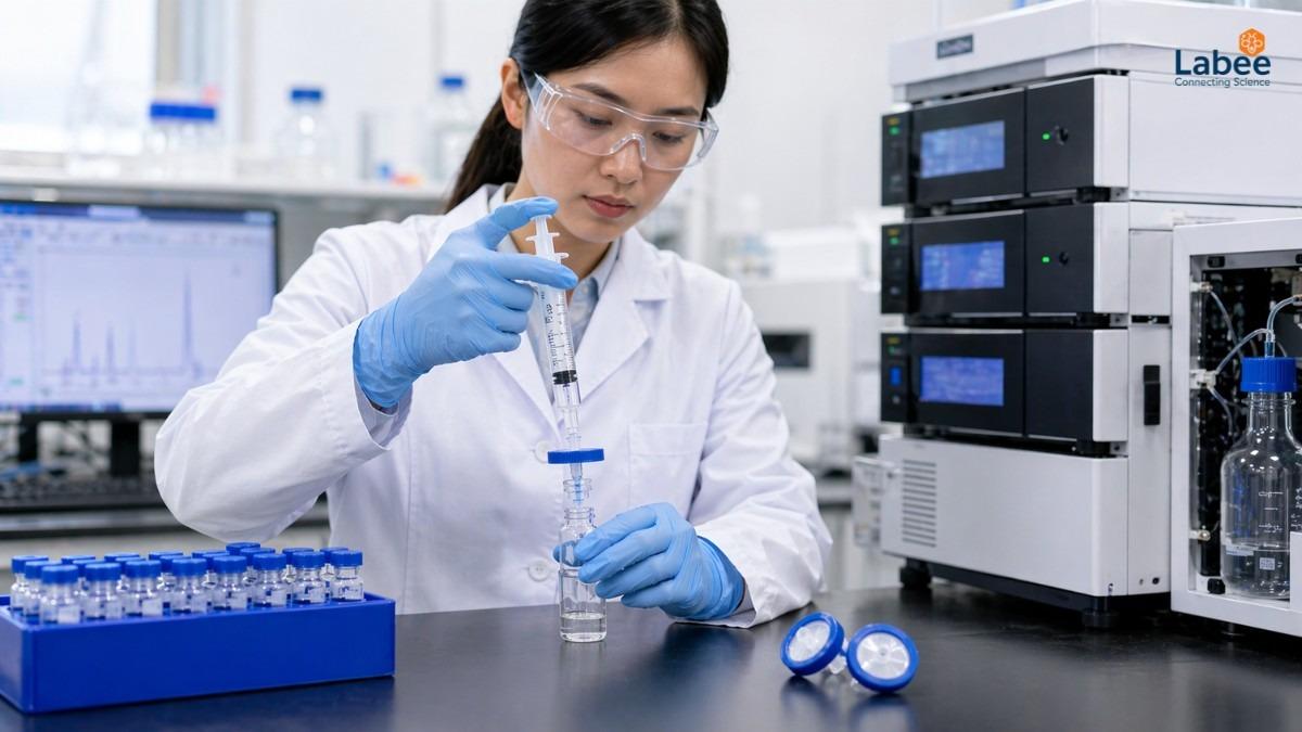  Kỹ thuật viên phòng lab đang sử dụng bơm tiêm kết hợp đầu lọc Syringe Filter Vico Science để lọc mẫu trước khi đưa vào máy HPLC 