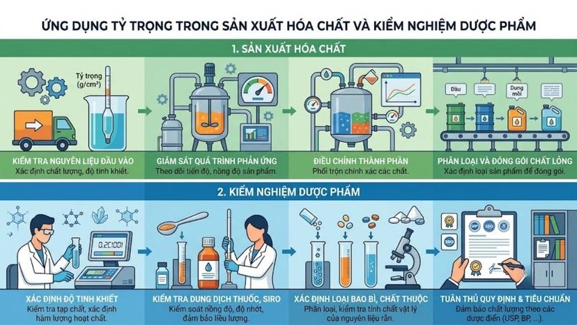 Mô tả ứng dụng các loại tỷ trọng trong sản xuất hóa chất và kiểm nghiệm dược phẩm