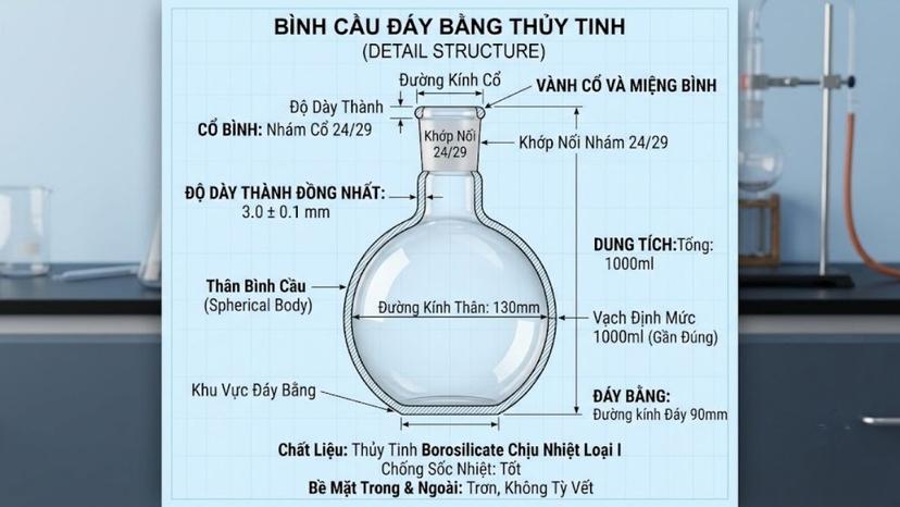 Cấu tạo chi tiết của bình cầu đáy bằng thủy tinh với độ dày thành đồng nhất