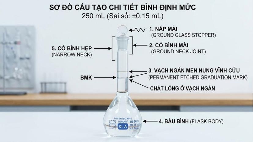 Sơ đồ chi tiết cấu tạo bình định mức gồm cổ bình hẹp, vạch ngấn men nung vĩnh cửu và nắp mài