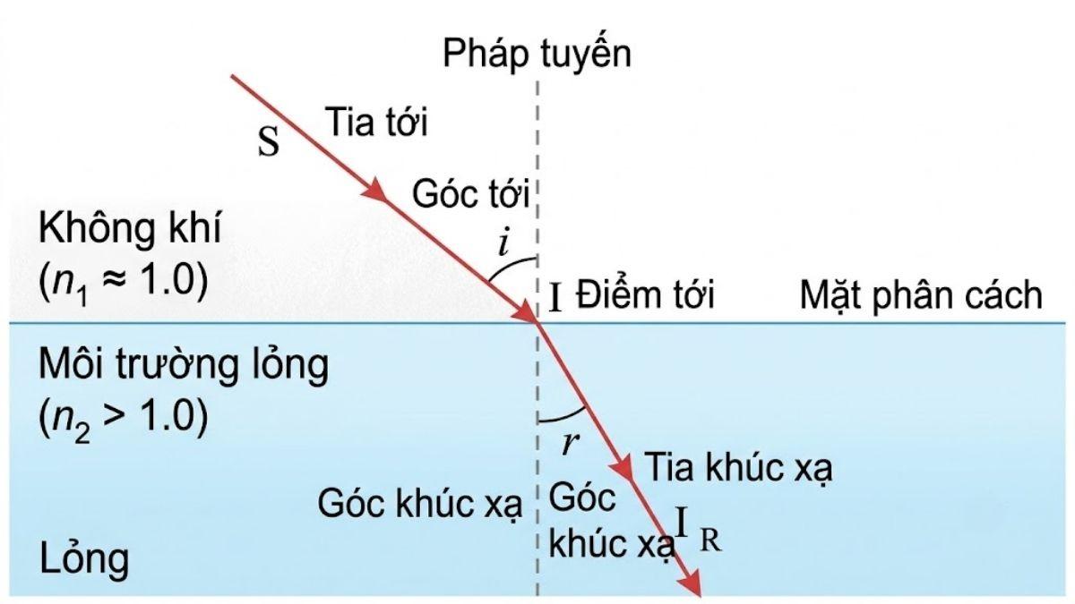 Sơ đồ mô tả tia sáng đi từ môi trường không khí vào môi trường lỏng gây ra hiện tượng khúc xạ