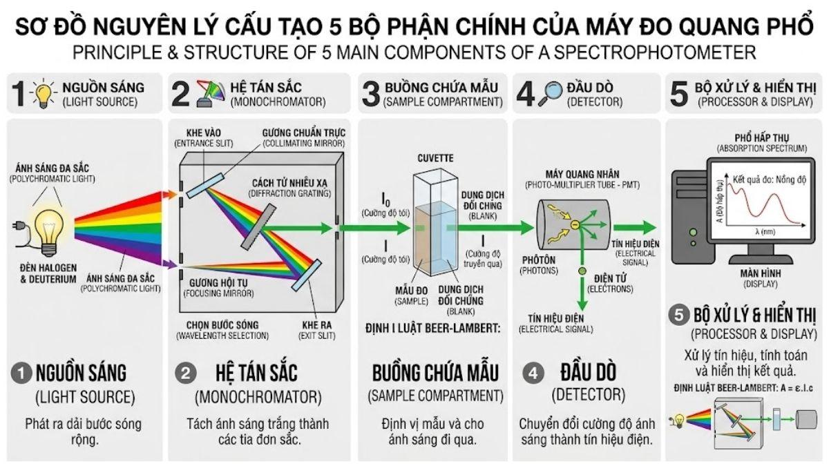Sơ đồ cấu tạo tổng quan của máy quang phổ phân tích hiện đại tích hợp màn hình hiển thị dữ liệu