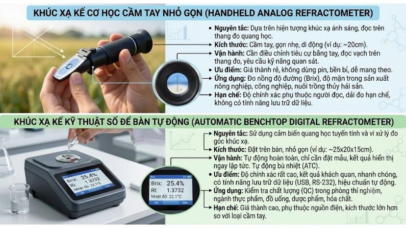 So sánh khúc xạ kế cơ học cầm tay nhỏ gọn và khúc xạ kế kỹ thuật số để bàn tự động