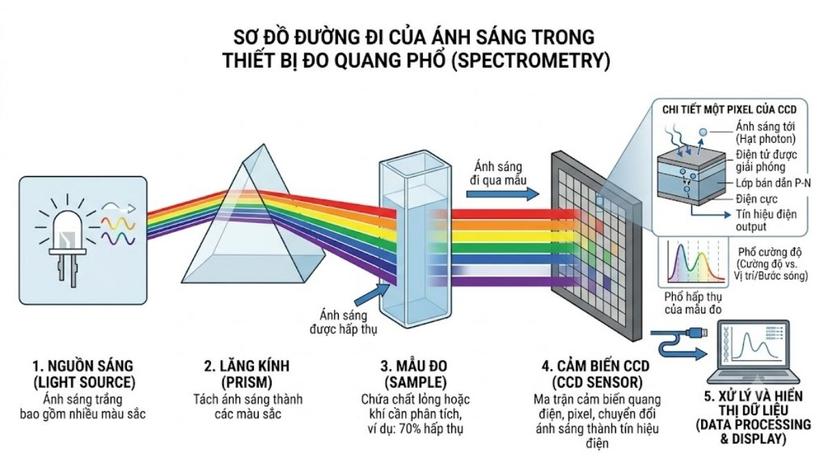 Sơ đồ đồ họa mô tả đường đi của ánh sáng từ nguồn sáng qua lăng kính, mẫu đo đến cảm biến CCD