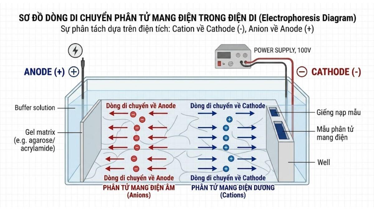 Sơ đồ dòng di chuyển phân tử mang điện về phía anode và cathode