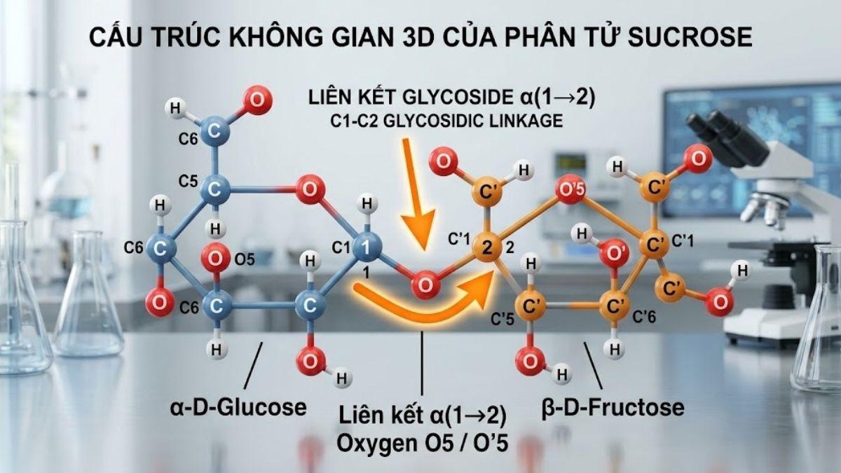 Mô hình cấu trúc không gian 3D của phân tử Sucrose chỉ rõ liên kết glycoside C1-C2