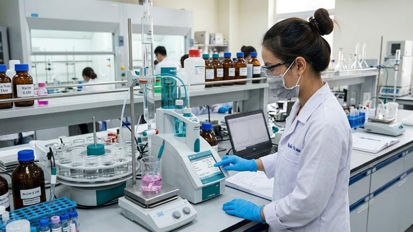 Kỹ thuật viên đang thực hiện thao tác chuẩn độ với buret tự động