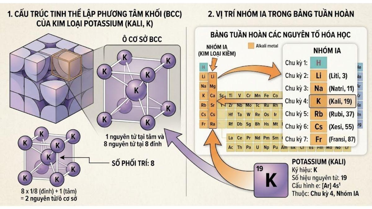  Cấu trúc tinh thể lập phương tâm khối của kim loại Potassium và vị trí nhóm IA trong bảng tuần hoàn hóa học 