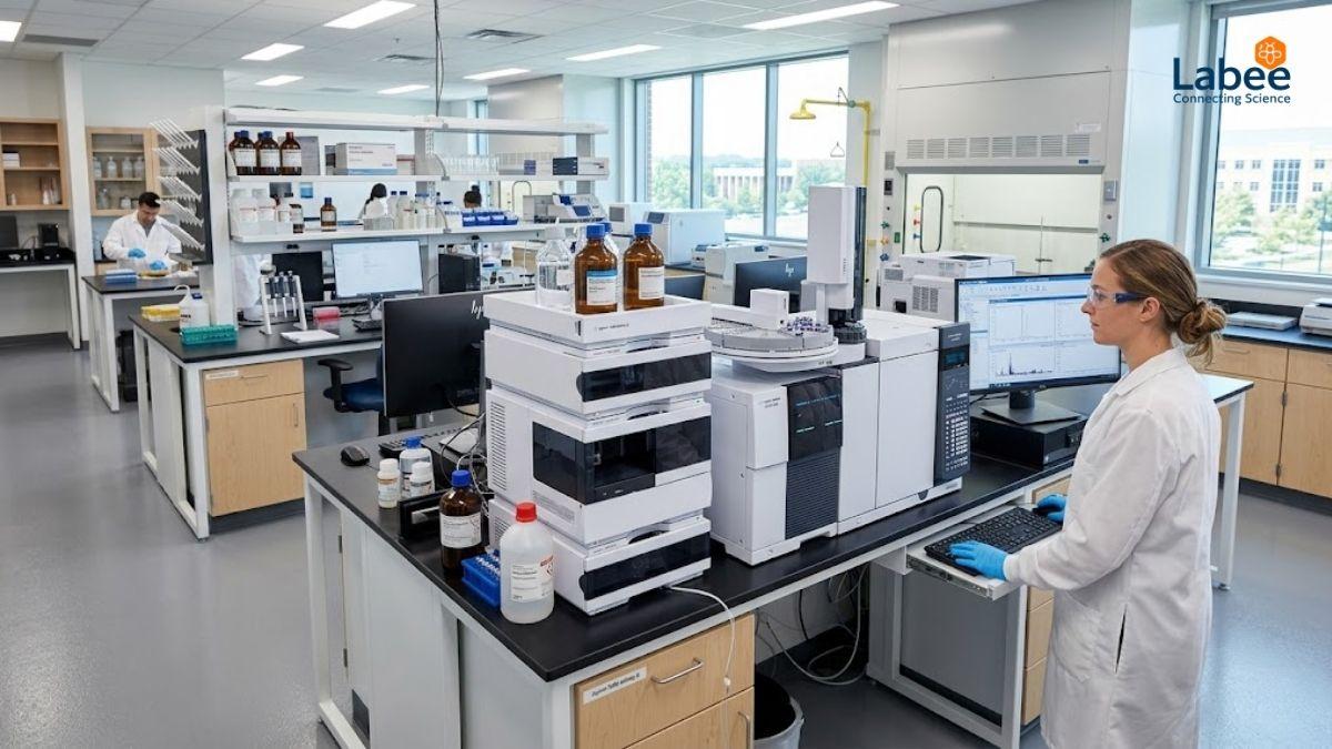 Toàn cảnh một phòng thí nghiệm hiện đại với hệ thống máy sắc ký và quang phổ đang vận hành