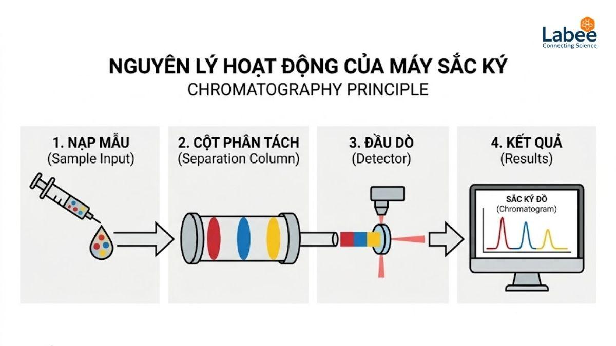 Sơ đồ khối minh họa nguyên lý hoạt động cơ bản của một máy phân tích