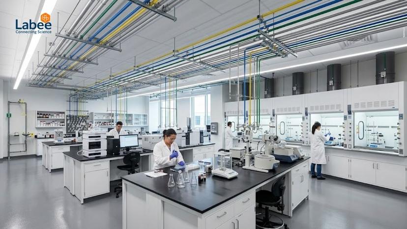 Một phòng thí nghiệm hóa học phân tích hiện đại với hệ thống bàn trung tâm và tủ hút khí độc bố trí khoa học