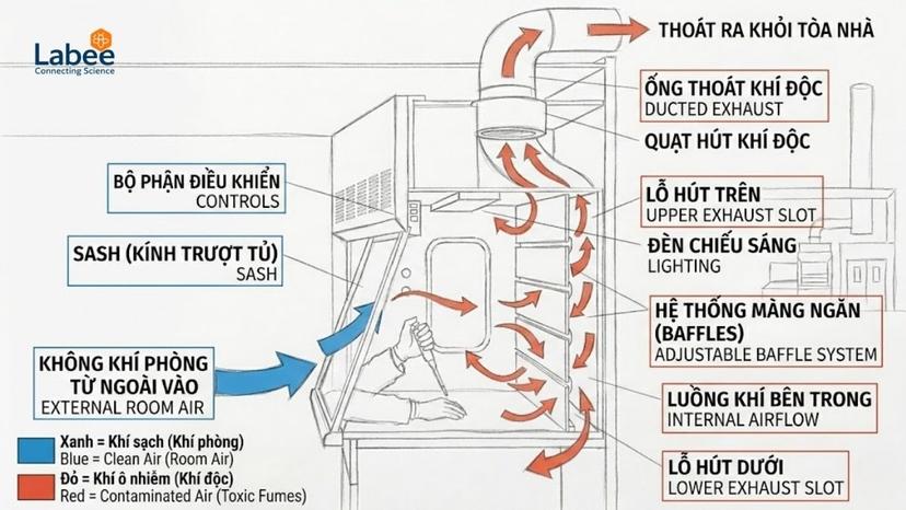 Sơ đồ luồng khí (airflow) bên trong một tủ hút khí độc có ống phóng (ducted fume hood) tiêu chuẩn