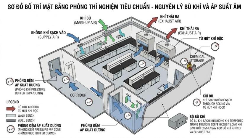 Sơ đồ bố trí mặt bằng phòng lab tiêu chuẩn