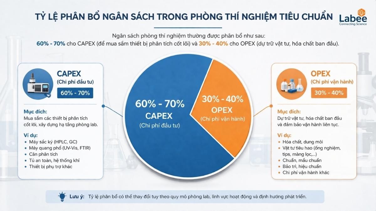 Biểu đồ tròn thể hiện tỷ lệ phân bổ ngân sách CAPEX và OPEX trong một phòng thí nghiệm tiêu chuẩn và thêm chú thích