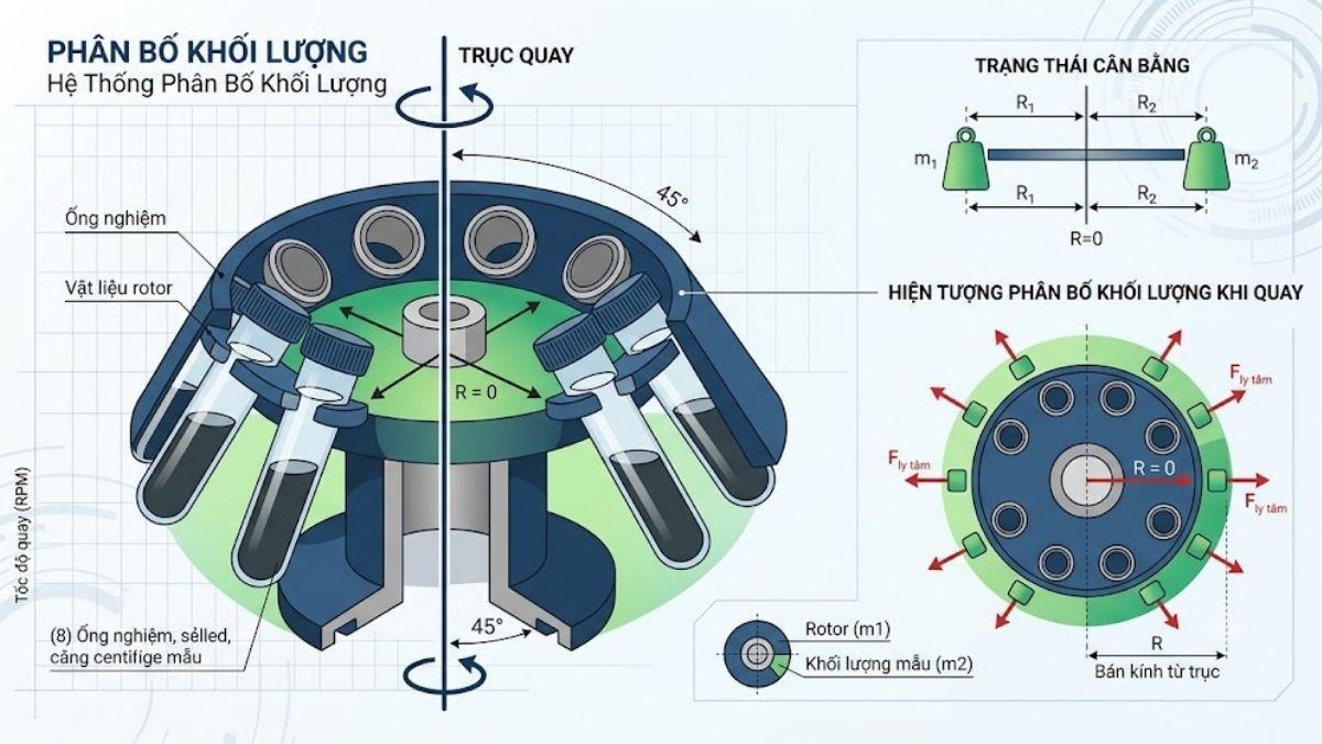 Đồ họa vector minh họa sự phân bố khối lượng quanh trục quay của rotor máy ly tâm