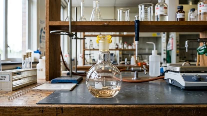 Bình cầu đáy bằng thủy tinh Borosilicate 3.3 đặt trên bàn thí nghiệm
