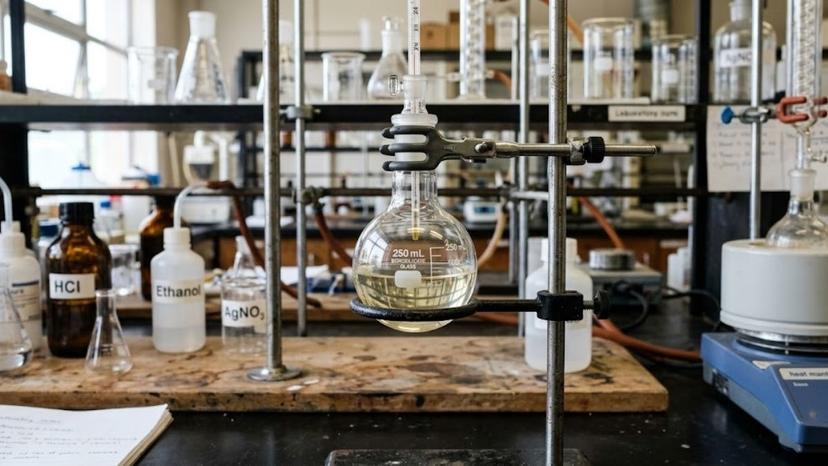 Bình cầu đáy tròn thủy tinh Borosilicate đặt trên giá đỡ phòng thí nghiệm
