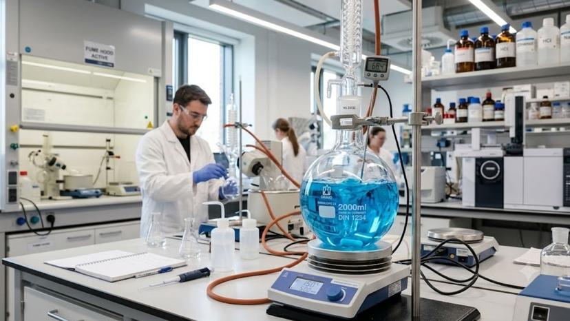 Bình cầu thủy tinh Borosilicate 3.3 chất lượng cao đặt trong phòng thí nghiệm hiện đại