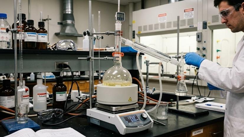 Hệ thống chưng cất hóa học sử dụng bình cầu thủy tinh Borosilicate 3.3 đặt trên bếp điện