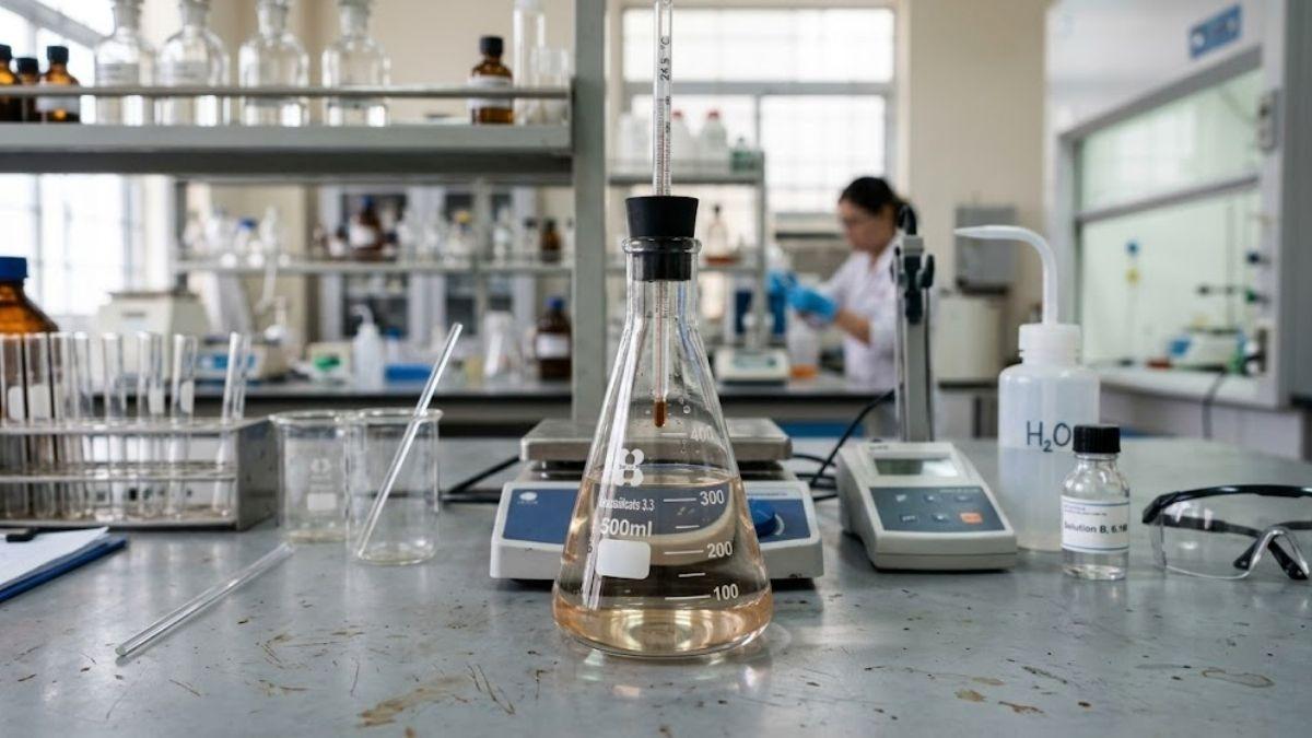 Bình tam giác thủy tinh Borosilicate 3.3 chuẩn đặt trên bàn thí nghiệm