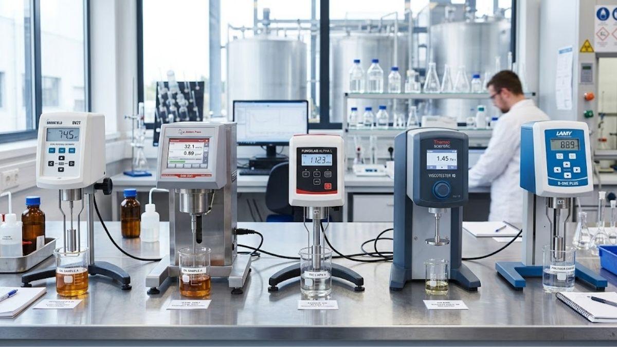 Các dòng máy đo độ nhớt công nghiệp phổ biến đặt cạnh nhau trong phòng kiểm nghiệm