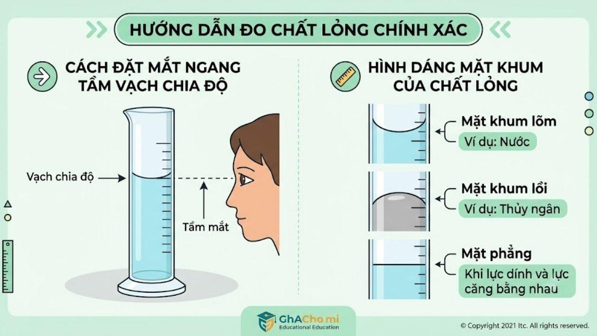 Minh họa cách đặt tầm mắt song song với đáy mặt khum lõm khi đọc thể tích ống đong
