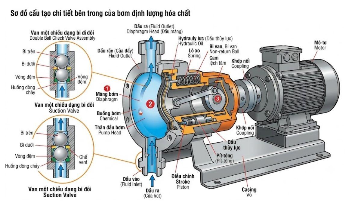 Sơ đồ cấu tạo chi tiết bên trong của bơm định lượng hóa chất thể hiện buồng bơm, màng bơm, van một chiều dạng bi đôi