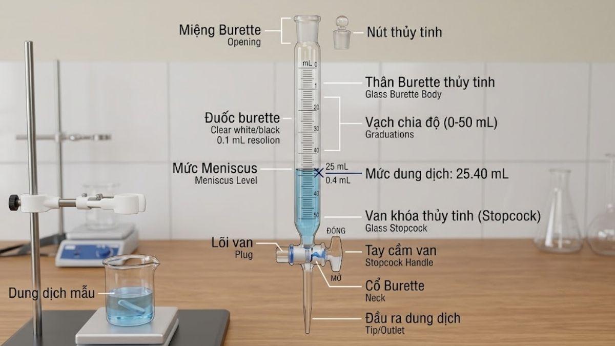 Cấu tạo chi tiết của Burette thủy tinh với vạch chia độ và van khóa