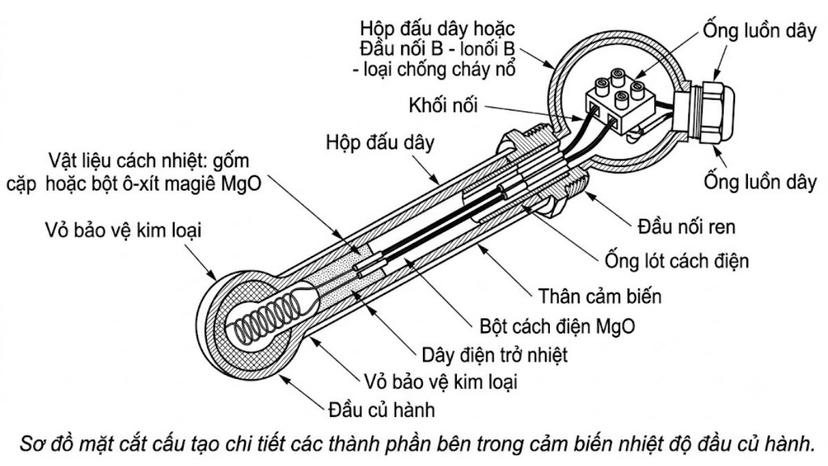 Sơ đồ mặt cắt cấu tạo chi tiết các thành phần bên trong cảm biến nhiệt độ đầu củ hành