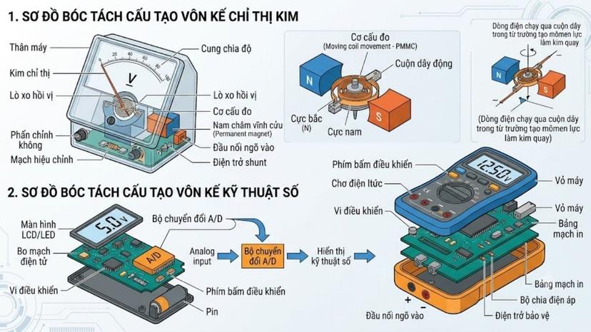 Sơ đồ bóc tách cấu tạo vôn kế chỉ thị kim và vôn kế kỹ thuật số