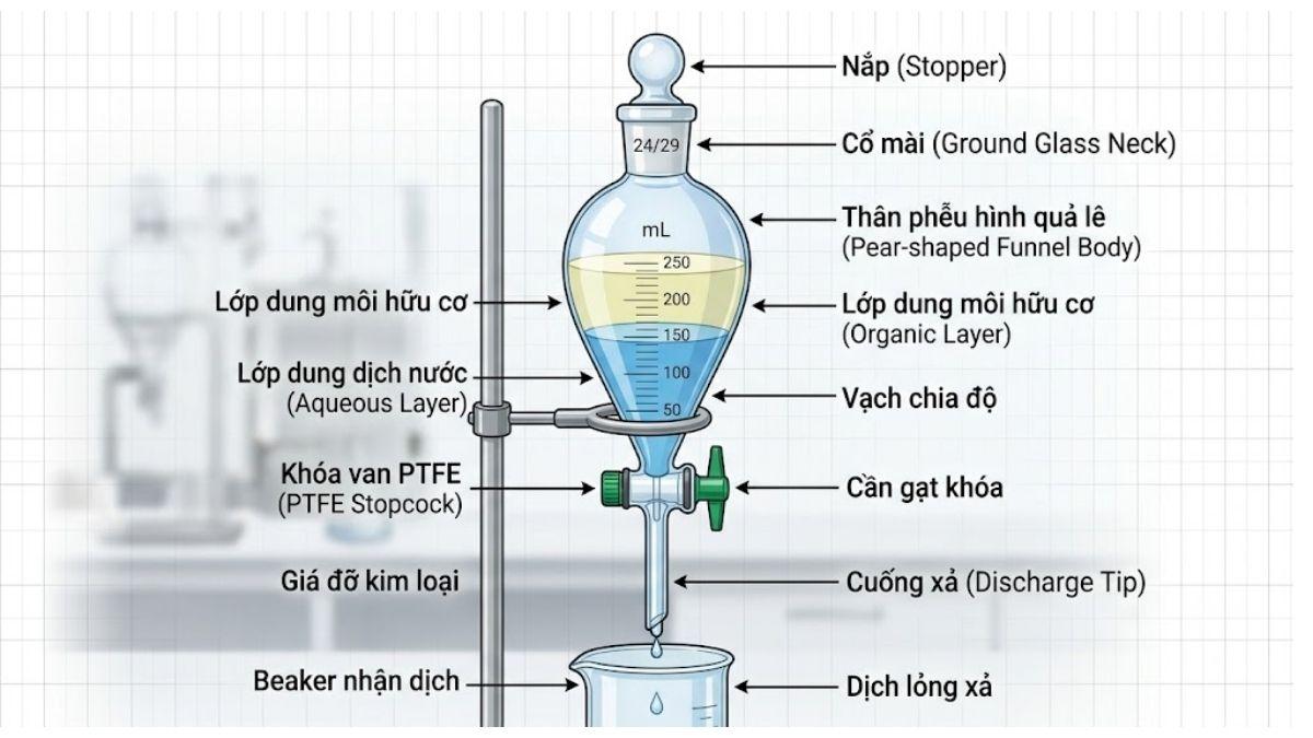 Sơ đồ chi tiết cấu tạo phễu chiết quả lê gồm nắp, cổ mài, thân phễu, khóa van PTFE và cuống xả