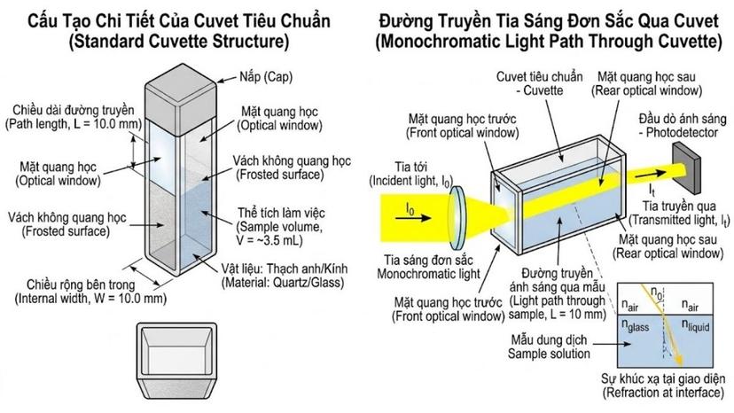 Sơ đồ mô tả cấu tạo chi tiết của một cuvet tiêu chuẩn và đường truyền tia sáng đơn sắc đi qua mặt quang học của cuvet