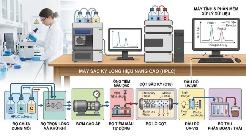 Sơ đồ khối cấu tạo vật lý của máy sắc ký lỏng hiệu năng cao HPLC