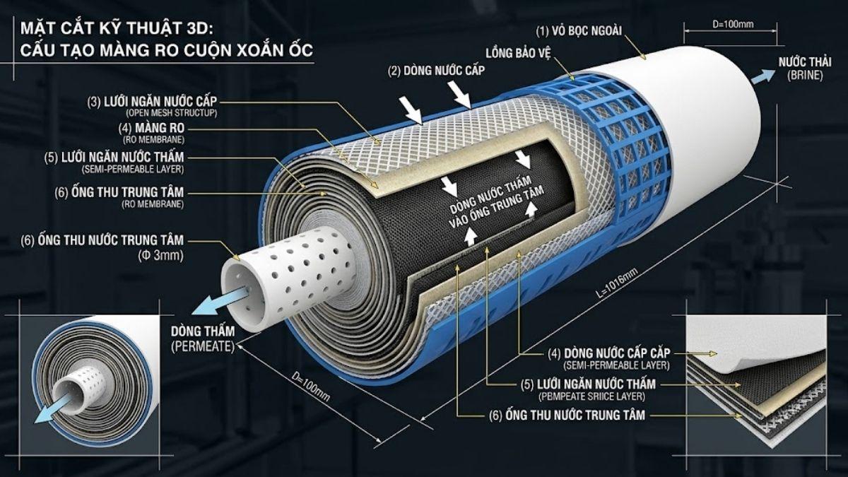 Bản vẽ kỹ thuật mặt cắt 3D các lớp màng cuộn xoắn ốc quanh ống thu nước trung tâm của màng RO