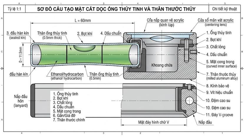 Sơ đồ chi tiết cấu tạo mặt cắt dọc ống thủy tinh và thân thước thủy