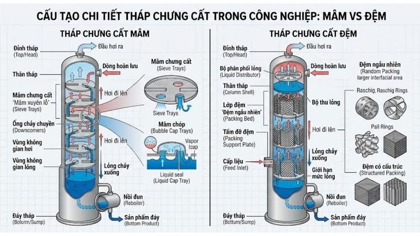 Cấu tạo chi tiết tháp chưng cất mâm vs tháp chưng cất đệm trong công nghiệp