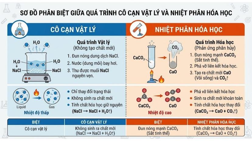 Sơ đồ phân biệt giữa quá trình cô cạn vật lý và quá trình nhiệt phân hóa học