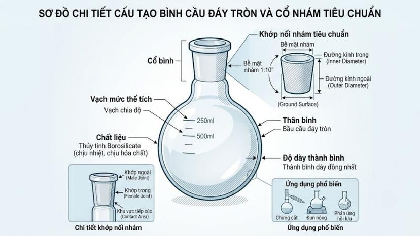 Cấu tạo chi tiết của khớp nối mài nhám tiêu chuẩn trên cổ bình cầu thủy tinh