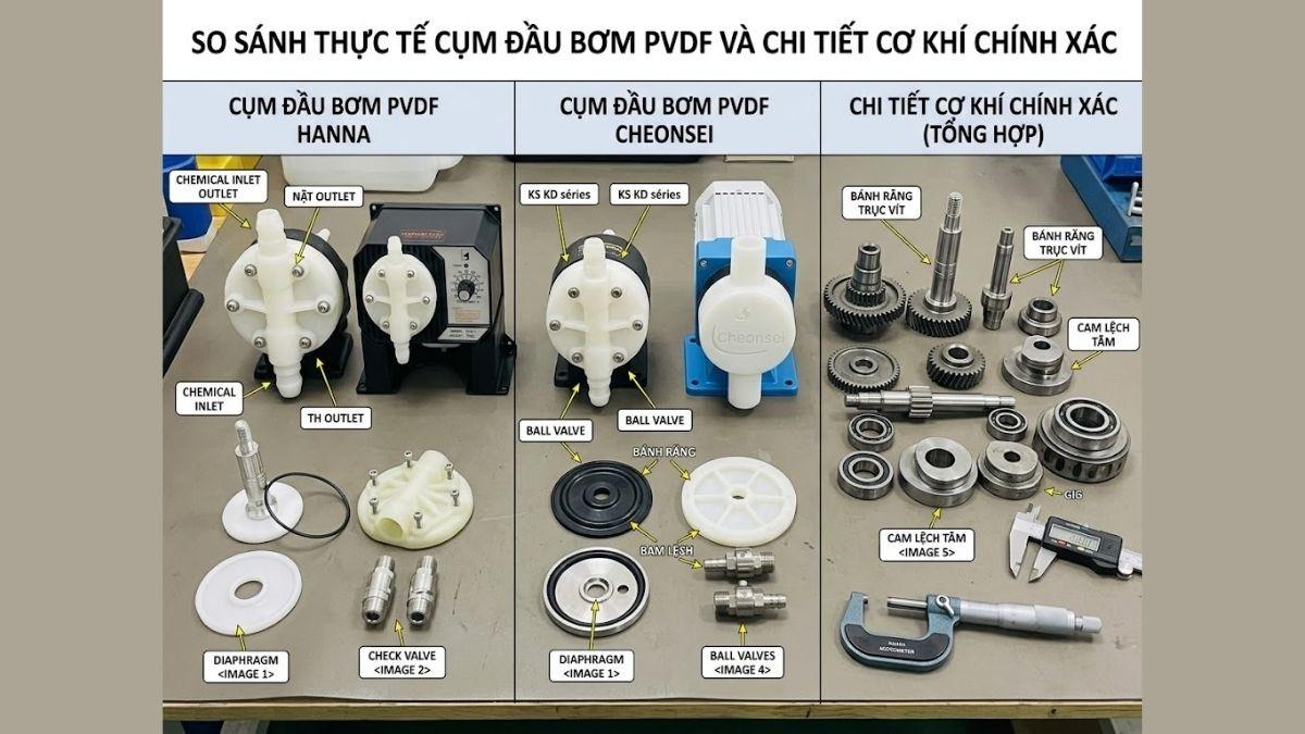 So sánh thực tế cụm đầu bơm PVDF của bơm định lượng Hanna, Cheonsei và các chi tiết cơ khí chính xác