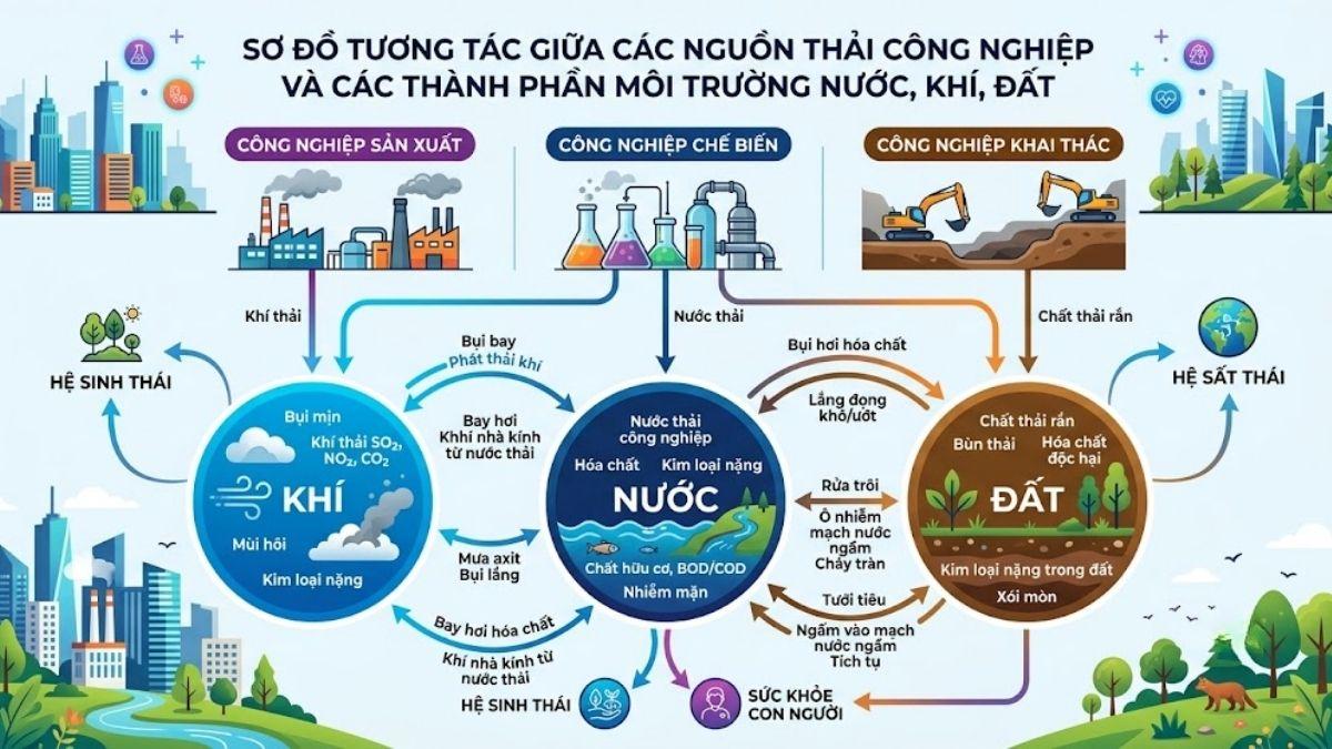 Sơ đồ tương tác giữa các nguồn thải công nghiệp và các thành phần môi trường nước, khí, đất