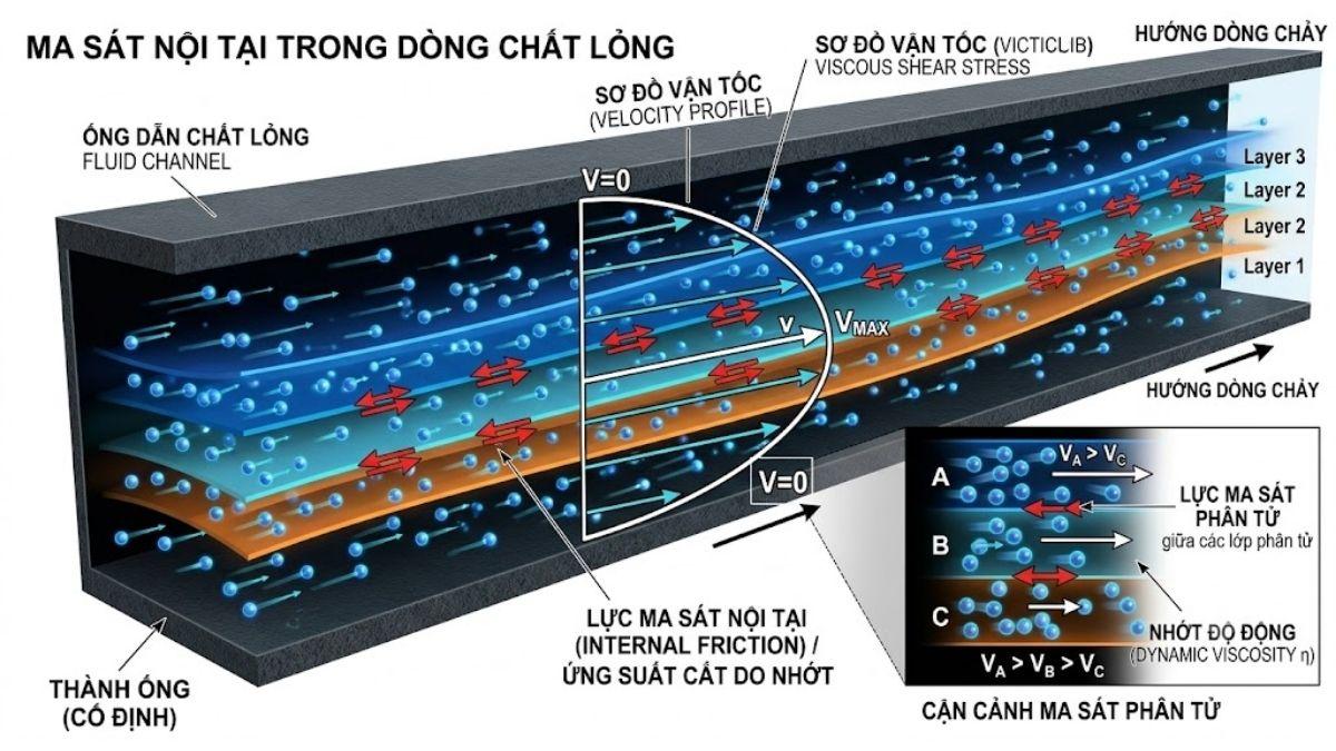 Sơ đồ dòng chảy chất lỏng thể hiện lực ma sát nội tại giữa các lớp phân tử