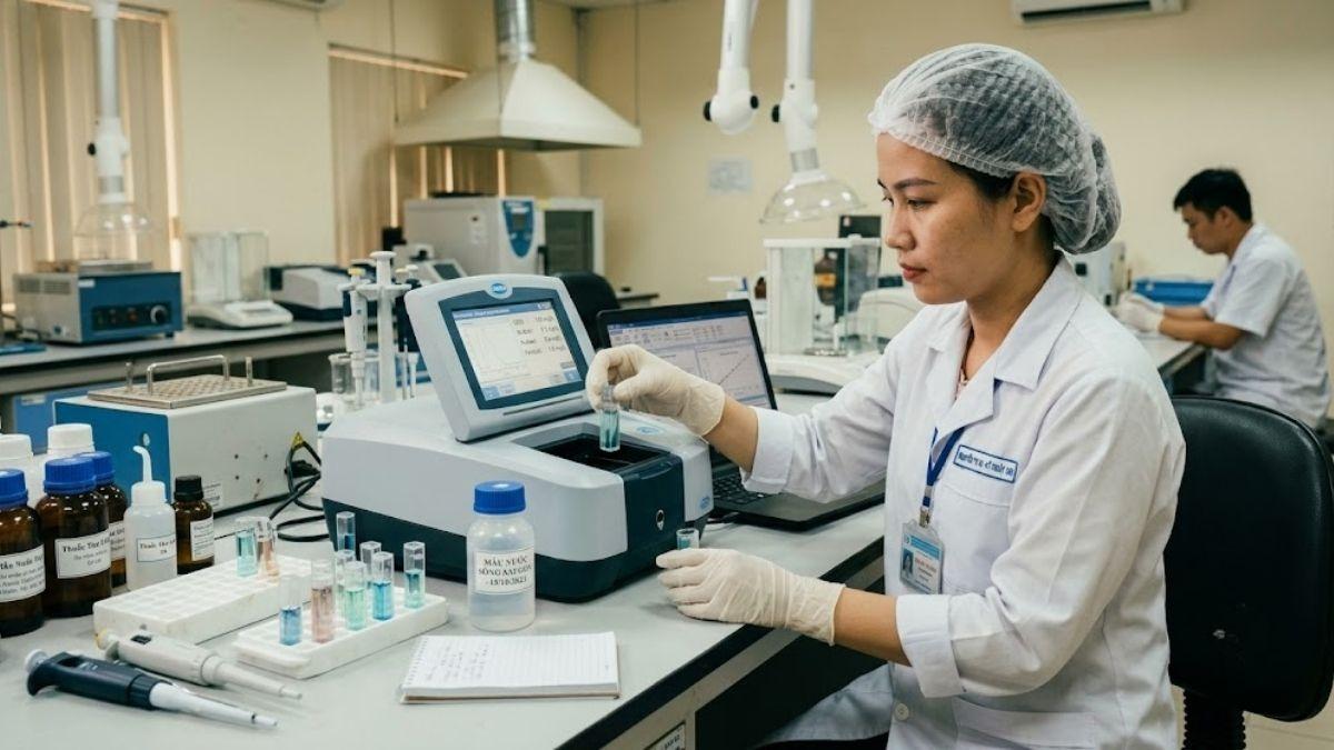 Kỹ thuật viên sử dụng máy phân tích quang phổ định lượng nồng độ chất ô nhiễm