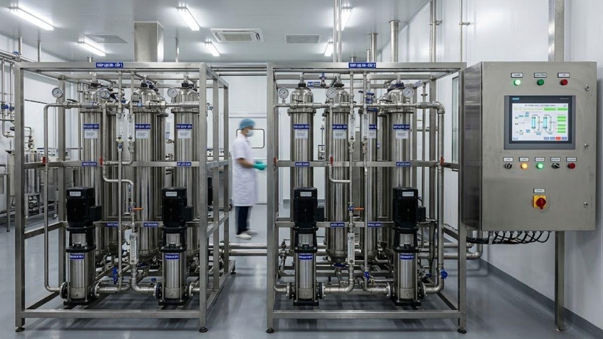 Hệ thống tháp lọc RO hai cấp song song kết hợp tủ điều khiển PLC tự động trong nhà máy sản xuất thuốc tiêm truyền