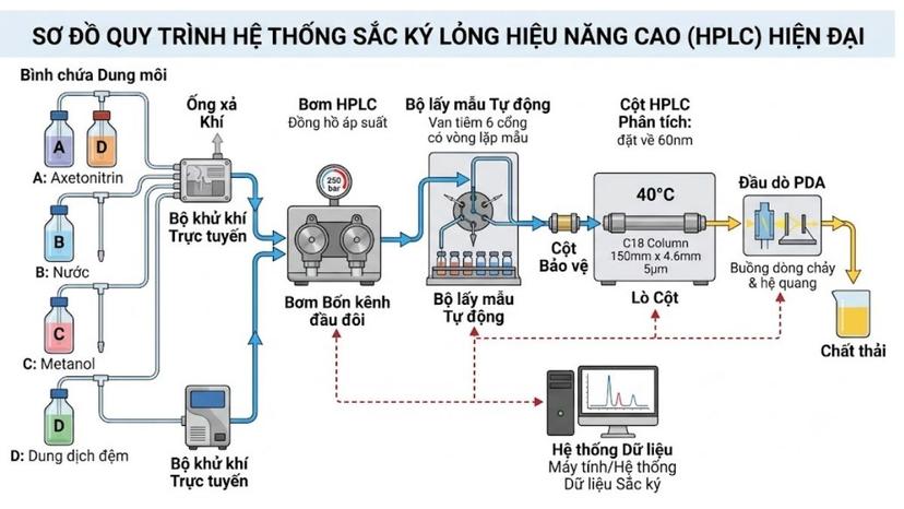 Sơ đồ dòng chảy của hệ thống HPLC hiện đại từ bình chứa dung môi đến đầu dò