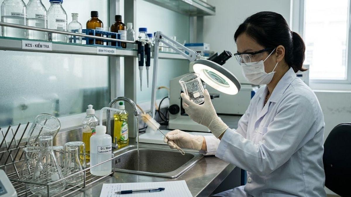 Thao tác vệ sinh và kiểm tra khuyết tật cơ học trên bình thủy tinh