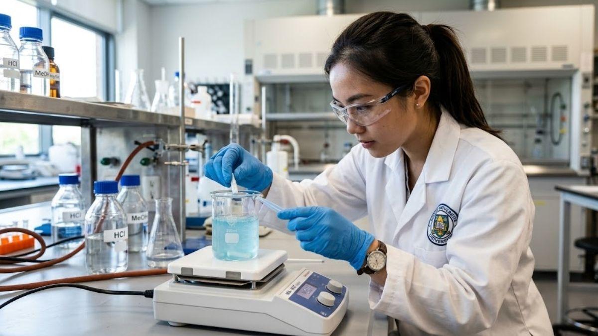 Kỹ sư phòng lab đang đặt nhẹ nhàng cá từ vào cốc thủy tinh đặt trên máy khuấy từ